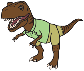 A t-rex wearing khaki pants and a polo shirt